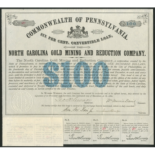 626 - U.S.A.: North Carolina Gold Mining and Reduction Company, 6% Convertible Loan, 1882, bond for $100, ... 