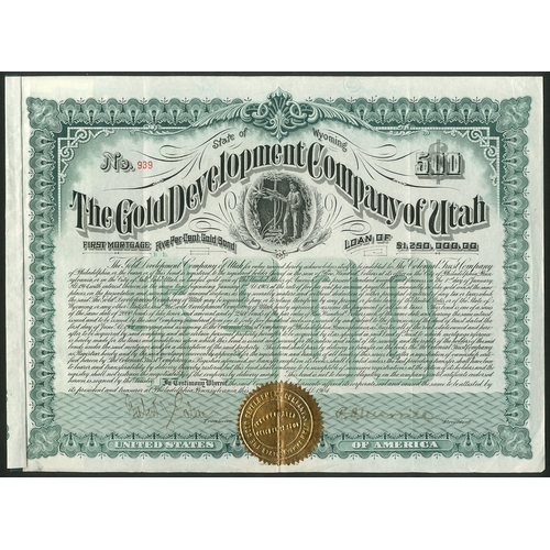 606 - U.S.A.: Gold Development Company of Utah, First Mortgage 5% Gold Bond, 1904, $500, #939, miner in ce... 