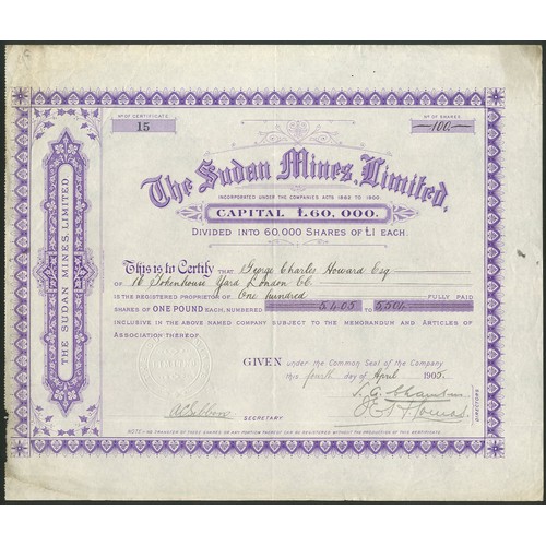 195 - Sudan: Sudan Mines Limited, £1 shares, 190[5], #15, mauve. Registered 29th November 1904 to ac... 