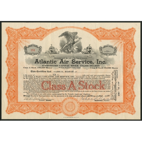 565 - U.S.A.: Atlantic Air Service Inc., Class A stock certificate, 19[29], #251, eagle at top, orange. In... 