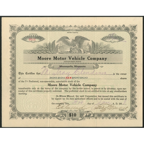 575 - U.S.A.: Moore Motor Vehicle Company, $10 preferred stock, 191[8],#4648, eagle at top, black, green u... 