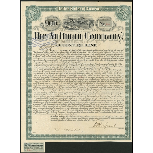 570 - U.S.A.: Aultman Company, debenture bond, 1895, $1000, #384, attractive vignette of factory, green, o... 