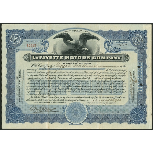 574 - U.S.A.: LaFayette Motors Company, less than 100 shares, [1920], #B.O.513, blue. Formed in 1919 with ... 