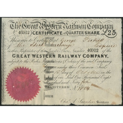 309 - Great Britain: Great Western Railway Company, quarter share of £25, 184[5], black, purple seal... 