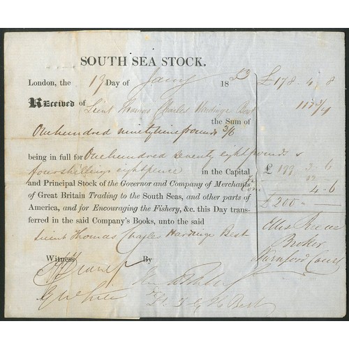 302 - Great Britain: South Sea Company, inscribed stock certificate, 18[53], black, grey paper. Torn in tw... 