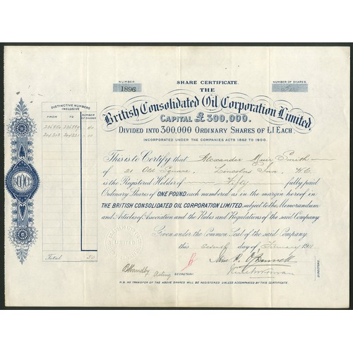 643 - U.S.A.: British Consolidated Oil Corporation Limited, £1 shares, 19[11], #1896, scrollwork at ... 