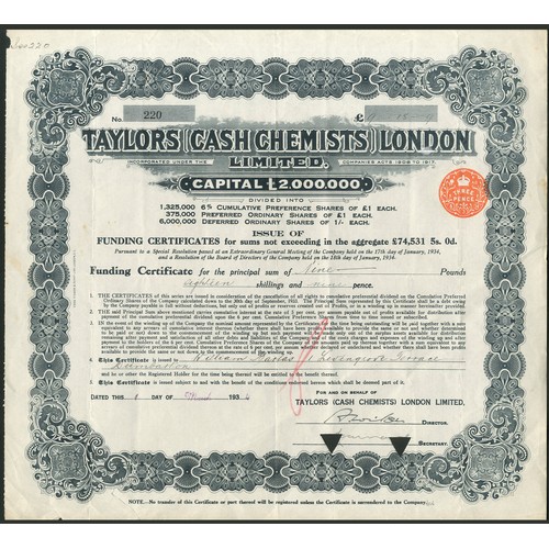 425 - Great Britain: Taylors (Cash Chemists) London Limited, Funding certificate for £[9 18s 9d], 19... 