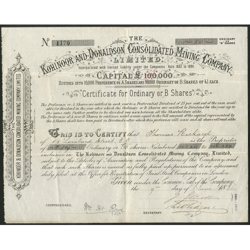 615 - U.S.A.: Kohinoor and Donaldson Consolidated Mining Company Limited, a trio of certificates comprisin... 