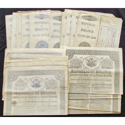 437 - Bolivia: 1872 6% Loan, a group of 12 bonds for £100 and 17 bonds for £500, some with balance certifi... 