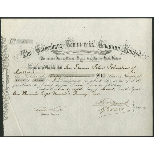 299 - Sweden/Great Britain: Gothenburg Commercial Co. Ltd., £10 shares, [1872], #13, black. The comp... 