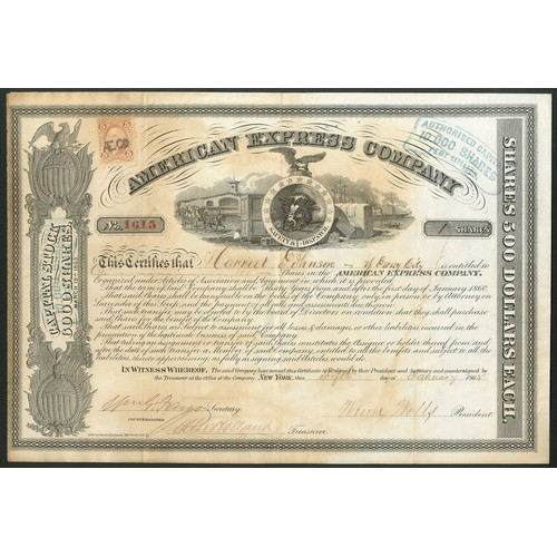 652 - U.S.A.: American Express Company, $500 shares, 186[5], #1615, signed by Henry Wells William Fargo an... 