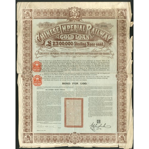 68 - China: 1899 5% Imperial Railway Gold Loan, bond for £100, #20368, large format, ornate border, brown... 