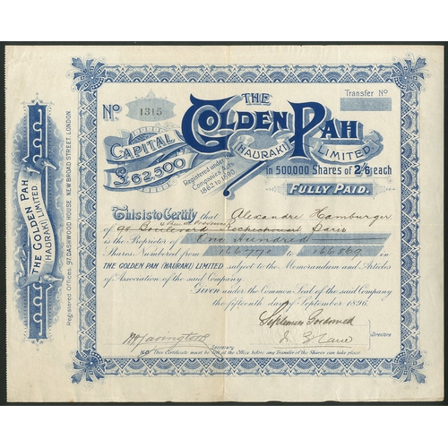 37 - New Zealand: Golden Pah (Hauraki) Ltd., 2/6d shares, fully paid, 1896, #1315, ornate border, blue. A... 