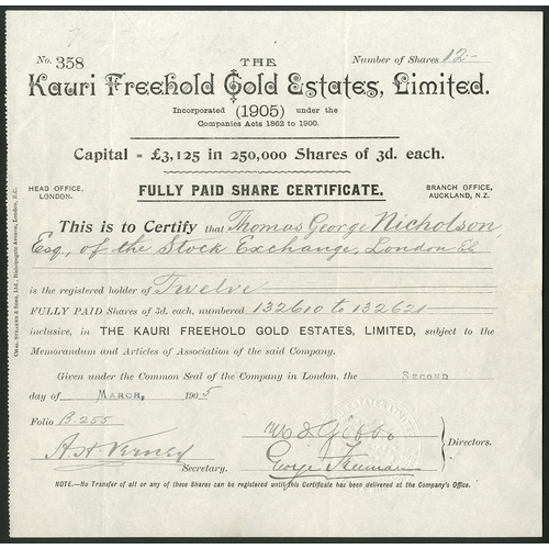 42 - New Zealand: Kauri Freehold Gold Estates Limited, 3d shares, 190[5], #358, black. Registered 28th Fe... 