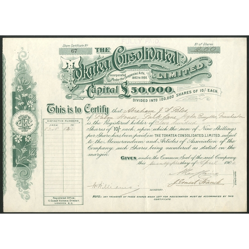 62 - New Zealand: Tokatea Consolidated Limited, 10 shilling shares, 9 shillings paid, 190[4], #67, green.... 