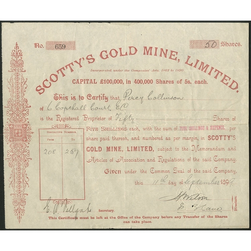 60 - New Zealand: Scotty's Gold Mine, Limited, 5 shilling shares, 189[9], part paid, #659, red. A reconst... 