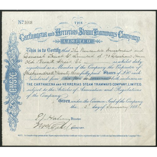 292 - Spain: Carthagena and Herrerias Steam Tramways Co. Ltd., £10 shares, 188[8], #1003, scrollwork at le... 