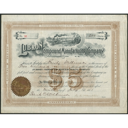 661 - U.S.A.: Lubron Compound Manufacturing Company, $5 shares, 189[1], steam train at top, pinkish brown.... 