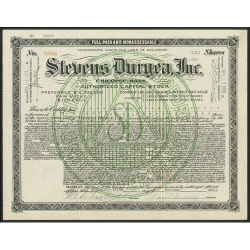 580 - U.S.A.: Stevens Duryea Inc., Chicopee, Massachusetts, a pair of certificates for Class B Common stoc... 