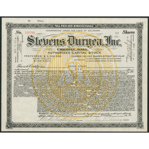 580 - U.S.A.: Stevens Duryea Inc., Chicopee, Massachusetts, a pair of certificates for Class B Common stoc... 