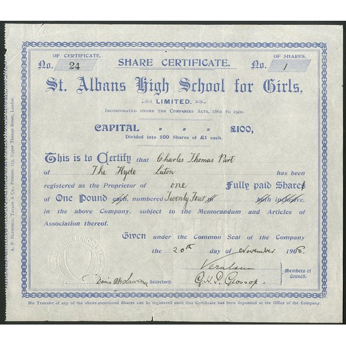 423 - Great Britain: St.Albans High School for Girls Limited, £1 shares, 190[8], #24, signed by the ... 