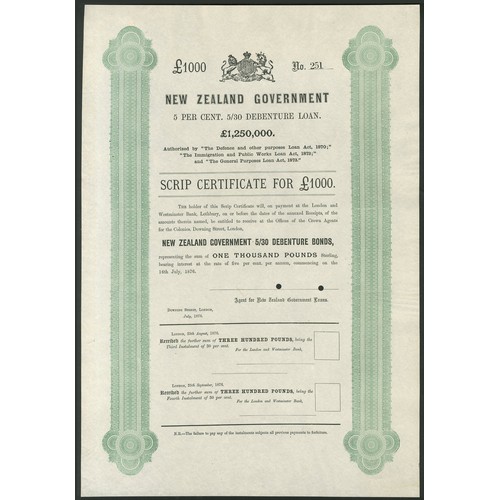 33 - New Zealand: 1876 5% 5/30 Debenture Loan, SPECIMEN scrip certificate for £1000, large format, ... 