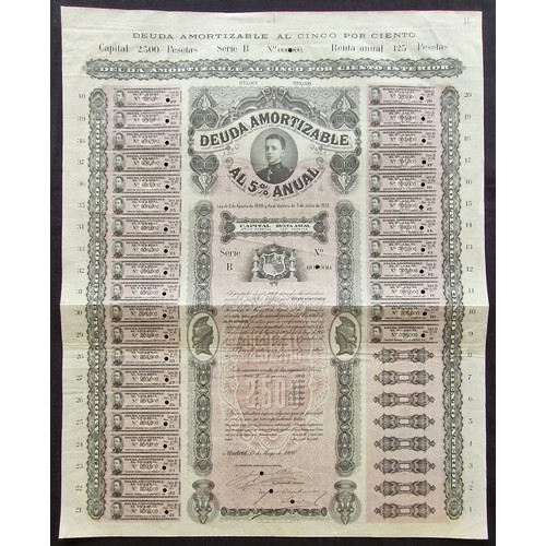 291 - Spain: 1900 5% Loan, SPECIMEN 2500 peseta  bond, from the Bradbury, Wilkinson archives, vignette of ... 