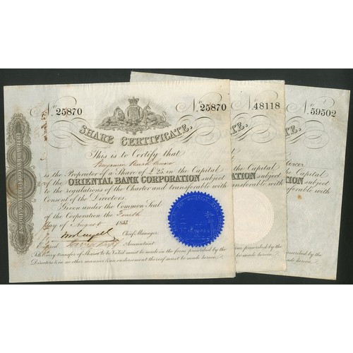 150 - China/India: Oriental Bank Corporation, £25 share, 3 different varieties with either blue seal, whit... 