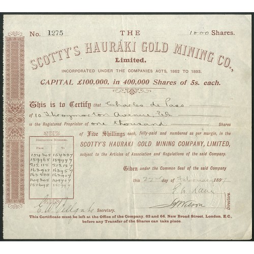 61 - New Zealand: Scotty's Hauraki Gold Mining Co. Ltd., 5 shilling shares, fully paid, 189[7], #1275, br... 