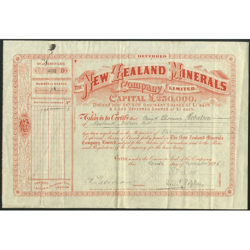 54 - New Zealand: New Zealand Minerals Company Ltd., deferred £1 shares, 189[6], #488, red. Ink stain top... 