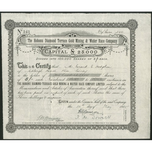 38 - New Zealand: Hohonu Diamond Terrace Gold Mining & Water Race Co. Ltd., 5/- shares, 191[5], #143,... 