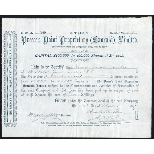 57 - New Zealand: Preece's Point Proprietary (Hauraki) Ltd., 5/- shares, 189[7], #949, dark green printin... 