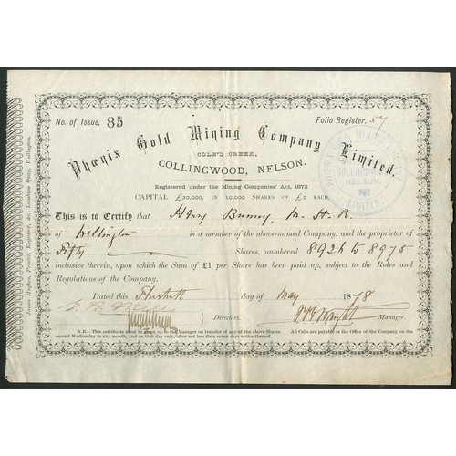 56 - New Zealand: Phoenix Gold Mining Co. Ltd., Cole's Creek, Collingwood, Nelson, £2 shares, 18[78], #85... 