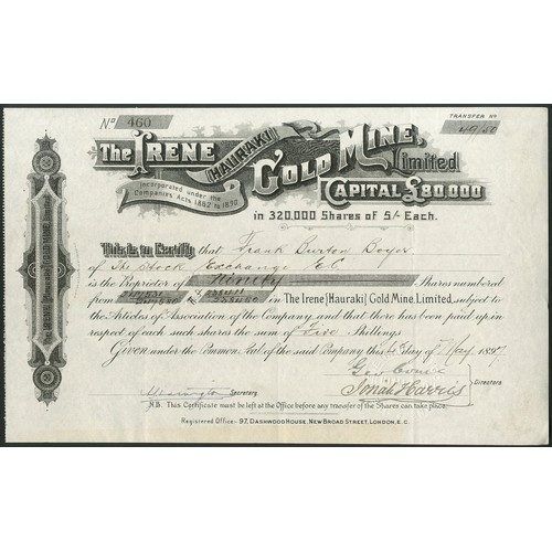 39 - New Zealand: Irene (Hauraki) Gold Mine Ltd., 5/- shares, 189[7], #460, scrollwork at left, black. Am... 