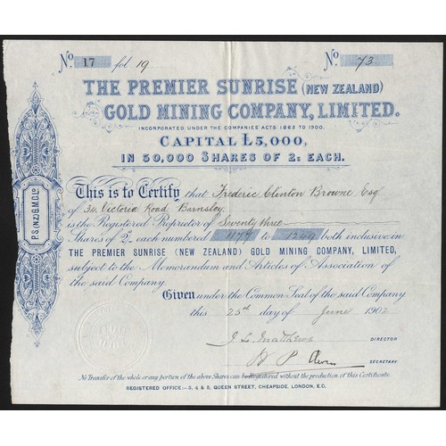 58 - New Zealand: Premier Sunrise (New Zealand) Gold Mining Co. Ltd., 2/- shares, 190[2], #73, blue with ... 