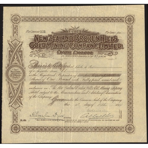 49 - New Zealand: New Zealand Broken Hills Gold Mining Co. Ltd., £1 shares, 18[97], #121, ornate border, ... 