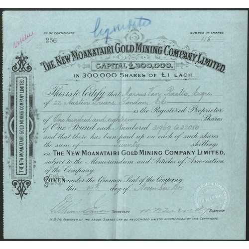 47 - New Zealand: New Moanatairi Gold Mining Co. Ltd., £1 shares, [1900], #256, scrollwork left, black on... 