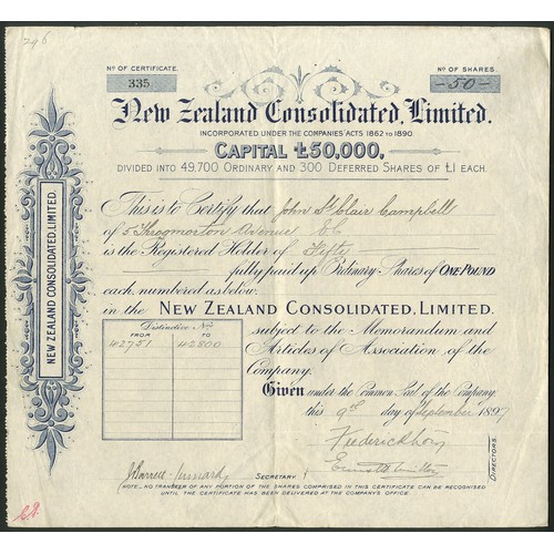 51 - New Zealand: New Zealand Consolidated Ltd., £1 ordinary shares, 189[7], #335, blue with scrollwork. ... 