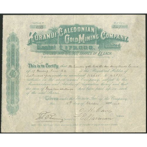 44 - New Zealand: Kuranui-Caledonian Gold Mining Co. Ltd., £1 shares, 189[1902], #635, green. Gold mining... 