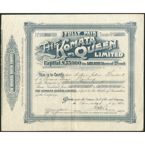 43 - New Zealand: Komata Queen Limited, 2/6d shares, 189[6], #583, ornate border, blue. Acquired 129 acre... 