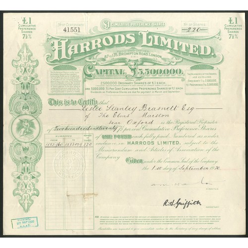 413 - Great Britain: Harrods Limited, Cumulative Preference shares, 19[20], #41551, signed by Sir Harry Ko... 