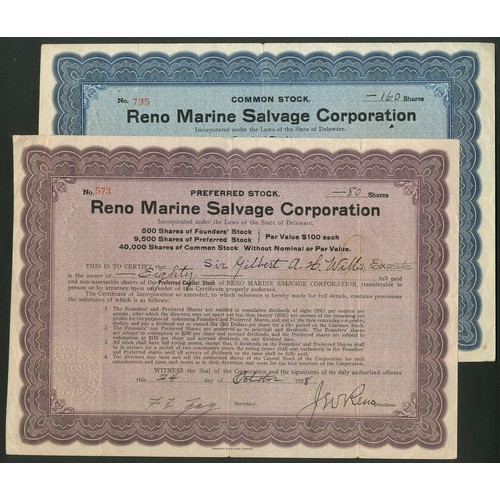 562 - U.S.A.: Reno Marine Salvage Corporation, pair of certificates, 192[8], issued to Sir Gilbert Wills a... 