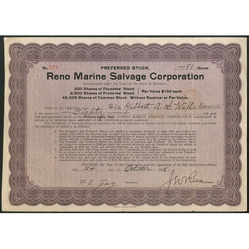 562 - U.S.A.: Reno Marine Salvage Corporation, pair of certificates, 192[8], issued to Sir Gilbert Wills a... 