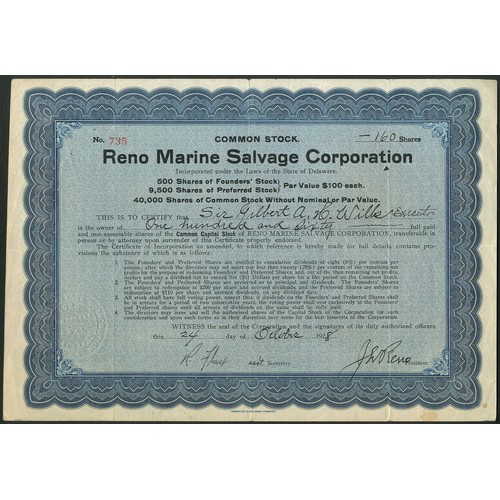 562 - U.S.A.: Reno Marine Salvage Corporation, pair of certificates, 192[8], issued to Sir Gilbert Wills a... 