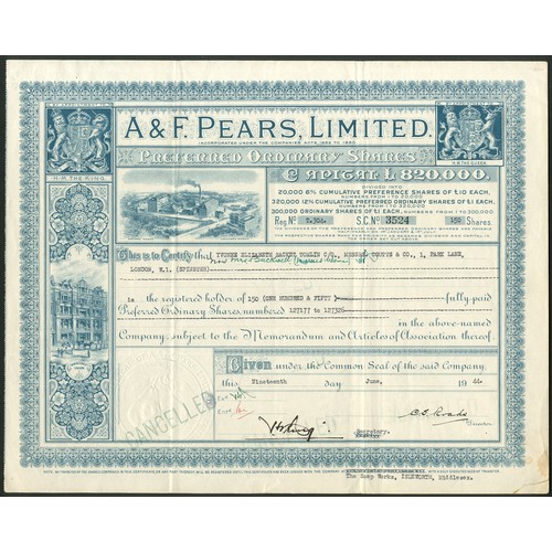 398 - Great Britain: A & F. Pears Limited, certificate for preferred ordinary shares, 19[44], #3524, a... 