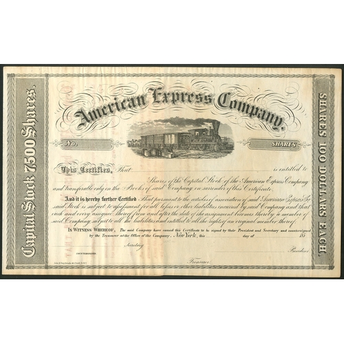 653 - U.S.A.: American Express Company, an unissued certificate for $100 shares, 185-, capital 7500 shares... 