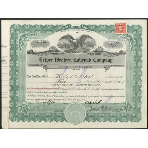 521 - U.S.A.: Helper Western Railroad Company, $10 shares, 19[12], #4, green, stamped cancelled. Organised... 