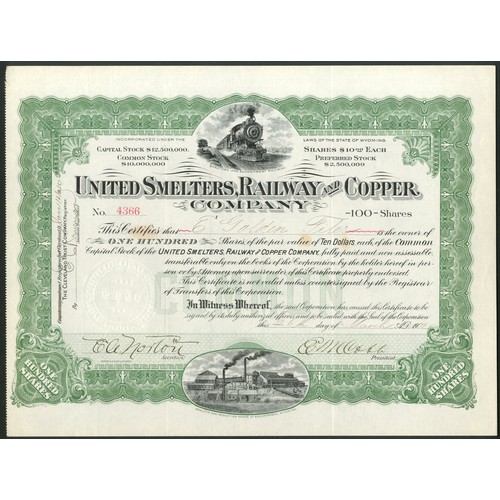 553 - U.S.A.: United Smelters, Railway and Copper Company, 100 shares, 19[09], #4366, steam train at top, ... 