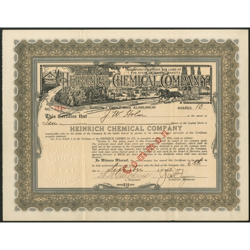 659 - U.S.A.: Heinrich Chemical Company, pair of certificates for common and preference stock, 192[3], spe... 