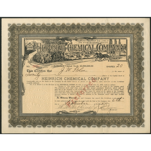 659 - U.S.A.: Heinrich Chemical Company, pair of certificates for common and preference stock, 192[3], spe... 